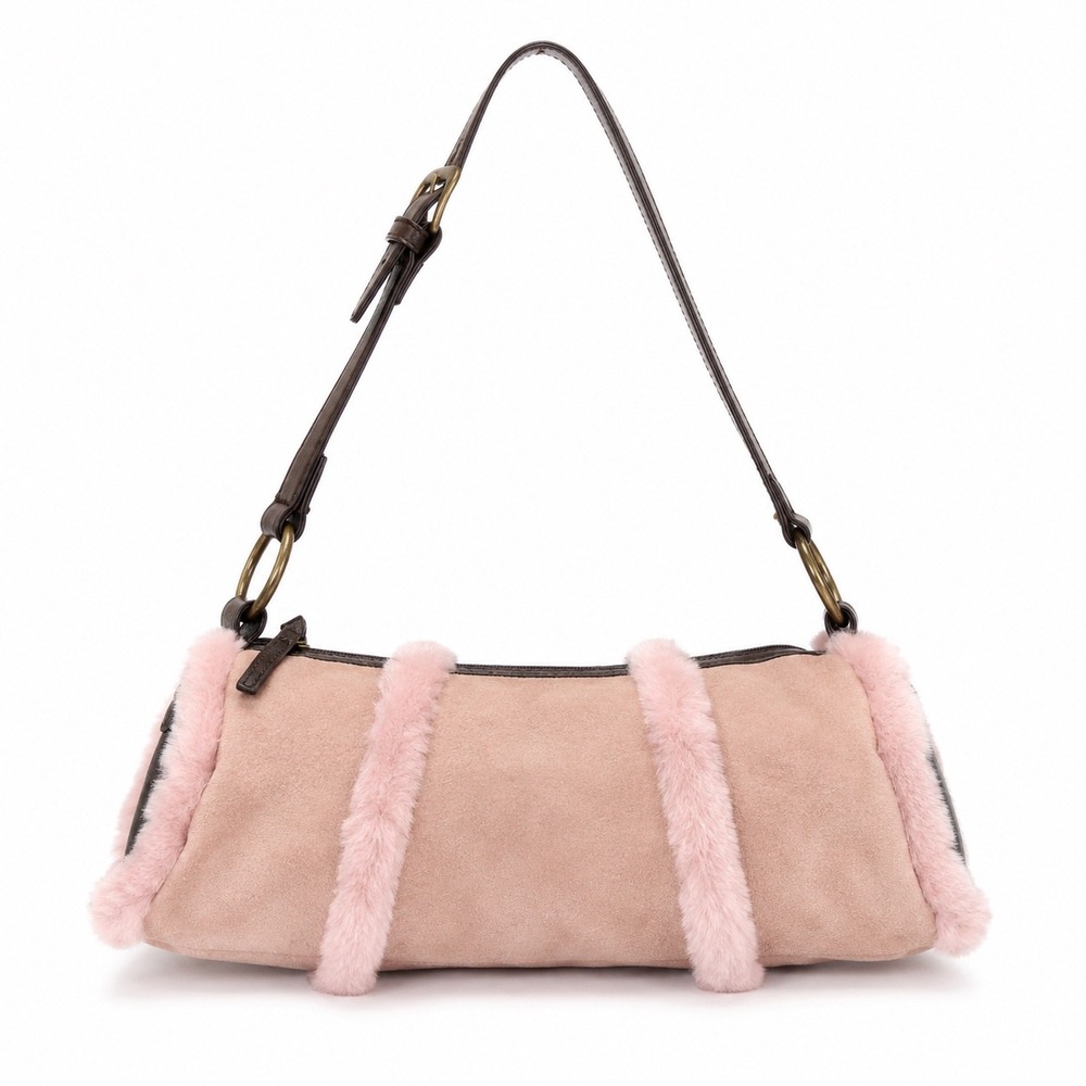 Wilsons Leather Y2K Pink Suede Leather Shoulder Bag Faux Fur Trim Buckle Detail